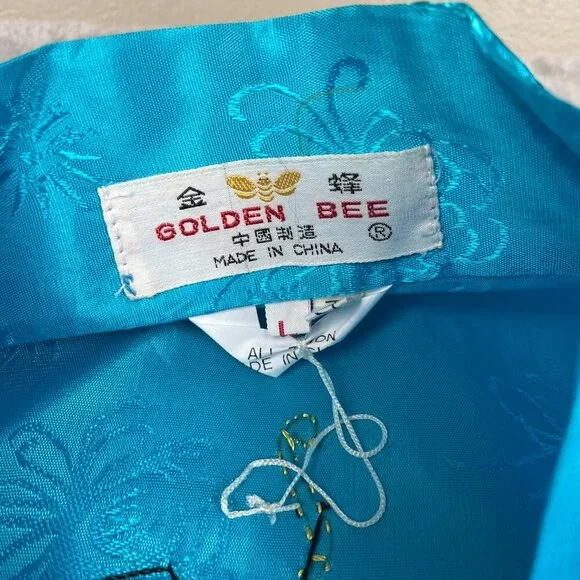Vintage Golden Bee Teal Blue Chinese Kimono Robe Dress Women's Large - Picture 4 of 10